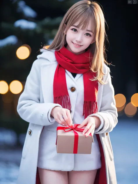 (Close-up face shot of one slender small breasts half up blonde long hair with bangs girl in a winter white long coat and red scarf:1.5)、(One blonde hair girl is holding a big gift box in arms with happy smile:1.5)、(Beautiful Christmas illumination night:1...