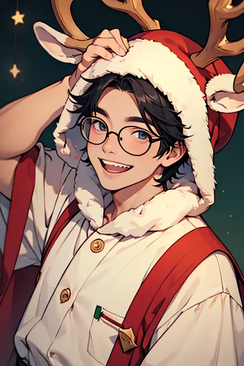 Open a reindeers rounded eyeglasses and laugh, Man with short black hair