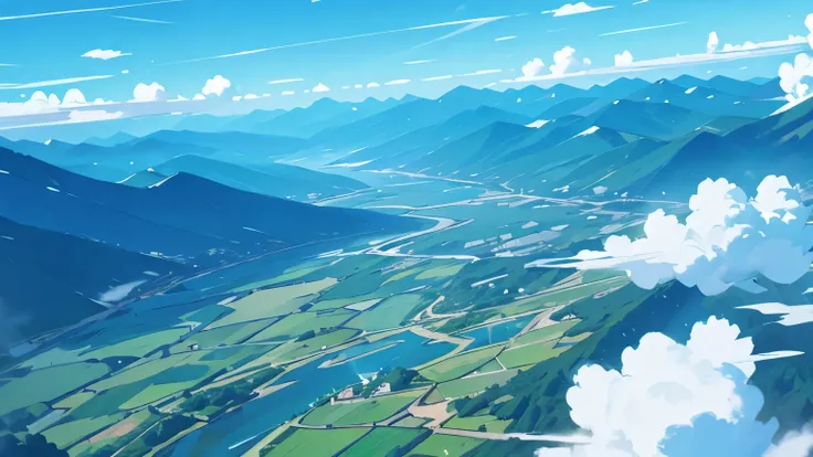 Aerial view of mountains and rivers。cloud、 blue sky