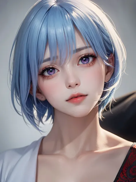 Masterpiece, Best Quality, 8K, Detailed Skin Texture, Detailed Cloth Texture, Beautiful Detail Face, Intricate Detail, Ultra Detailed, Portrait of Rei Ayanami, Blue Hair, Red Eyes, Head Tilt, No Background