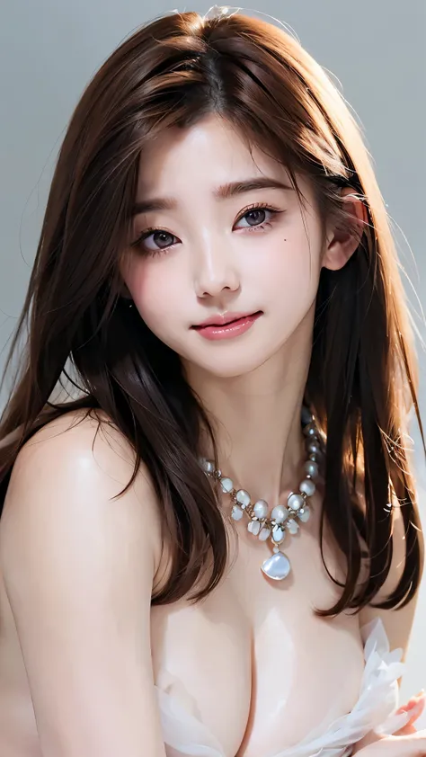  Beautiful Women、 straight hair 、((Brown Hair:1.2))、 upper body close-up、( hair that flutters like:1.2)、 long lashes、Big Eyes、Beautiful eye makeup、Beautiful Glossy Skin 、 cute smile with blush、 Fluffy Fur Dress、The style of the goddess、((Big Breasts:1.6))、...