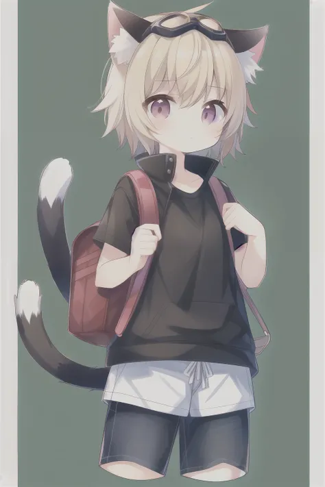 A ，是个Cat，Cat ears，紫色Cat ears， blond hair ， Pink Eyes ， and is very comfortable to wear all over the body， has a purple cat tail ， in jeans ，Dark green goggles ，Very adventurous ，Short hair，是个cute的小男孩，Be able to see the whole body，nice，cute，Cat，Standing fac...