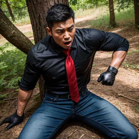 35years old, One Man,、 black shirt、Red tie、black slim jeans 、 Black Gloves 、 black boots 、Combatant、With a pistol on his hip、In the woods、Surrounding explosions and blast waves　Spread your legs on the tree 　 lies down。 pretty short and even shorter short h...