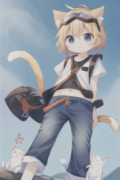 A ，是个Cat，Cat ears，紫色Cat ears， blond hair ， blue eyes ， Its very windy yet comfortable to wear all over， with a purple cat tail all over the body ， in jeans ，Wear goggles，Very adventurous ，Short hair，是个cute的小男孩，, you can see ，nice，cute，Cat，Standing facing ，...