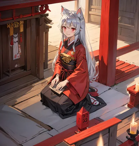 one girl with one cat, Long Hair, Big smile, Silver hair, Red Eyes, Shrine maiden, shrine,  high resolution model , Cat ears,  Look Down, 