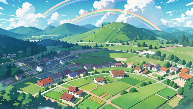 View of a rural town from the sky with a big rainbow。Houses and trees 々、Mountain view。cloud