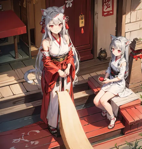 one girl with one cat, Long Hair, Big smile, Silver hair, Red Eyes, Shrine maiden, shrine,  high resolution model , Cat ears,  Look Down, 