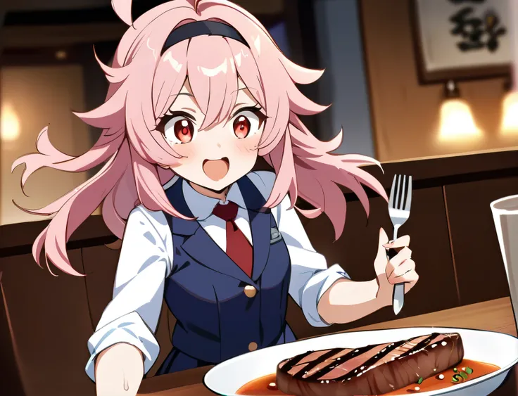 with a fork and a knife in both hand, 1girl eat steak, in restaurant, cute, round eyes, happy, pretty, red necktie, brown shoes, small girl, indigo school uniform jacket, white school uniform shirt, floating hair, indigo school uniform skirt, very messy ha...