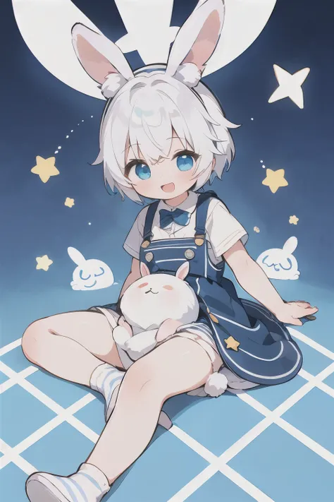1 Boy, Animal ears, white hair , Short hair, rabbit, Open your mouth, Smile, rabbit, blue eyes , looking at the audience , :d, whole body, Simple Background , Electronic style , stripe, blush, Argyle, Star (symbol),Blue powder,overall,Blue powder色,whole...