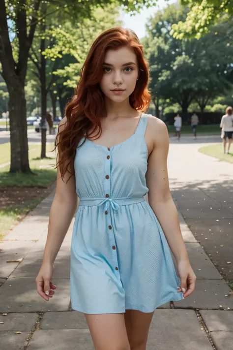 Beautiful and young 19 years old girl with red hair, loose wavy hairstyle, cute face, snub nose, big green eyes, her body is muscular and athletic, wears blue polka dot dress and white sneakers, she stands in the park, full length photo