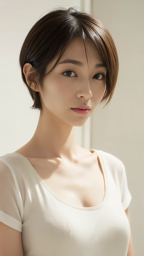 thirty-six years old, Japanese, woman,
165cm tall, 53kg weight, 84-58-86 measurements, oval face shape, arched eyebrows, large gentle eyes, small nose, plump lips, slim body type, natural makeup, calming presence,
pixie cut hairstyle, pink beige hair color...