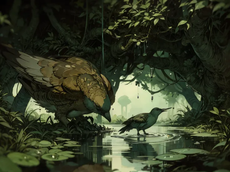 masterpiece, Macro photo of a bird drinking water in the forest, dusk, mushroom, Dew Drops, High Contrast , Studio Ghibli Style , highly complex, high definition, photorealistic style