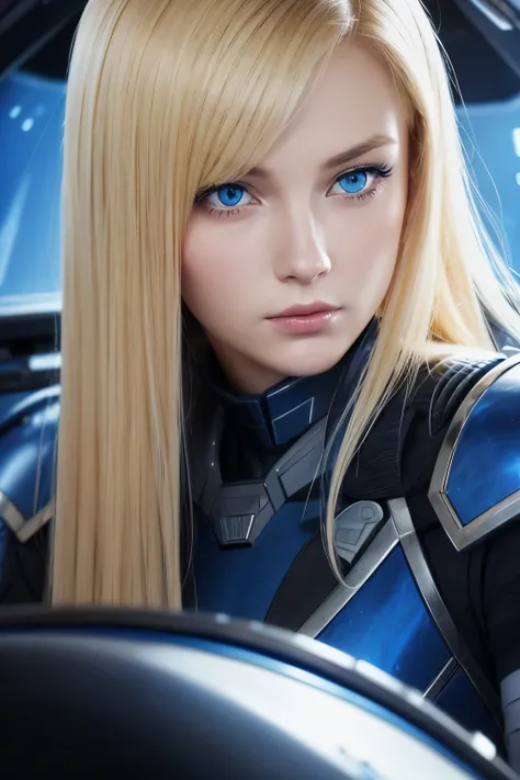 Upper body close-up image. A beautiful woman. Detailed drawing of the face. Blonde hair and blue eyes. 25 years old. She is looking at the camera with a defiant expression. She wears blue-black armor. She is sitting in the cockpit of a small space battlesh...