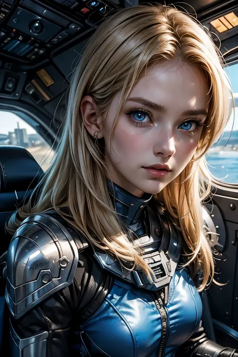 Upper body close-up image. A beautiful woman. Detailed drawing of the face. Blonde hair and blue eyes. 25 years old. She is looking at the camera with a defiant expression. She wears blue-black armor. She is sitting in the cockpit of a small space battlesh...