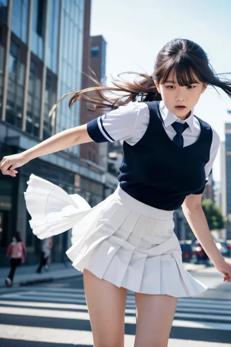 8k,  flip through the skirt, White underwear,  best quality, masterpiece,  super detailed,   ultra high resolution,  girl, uniform, Navy Pleated Skirt, Strong winds, In the city, Gesture to lift a skirt blown up by the wind, embarrassed ,Being watched