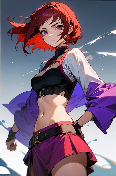 Anime-style scene showing female warrior that is ready to fight. She has very short, slightly wavy red hair in a bob cut and striking purple eyes. Her expression is calm and cold. She has a strong, athletic body that has a visible six-pack. She’s dressed i...