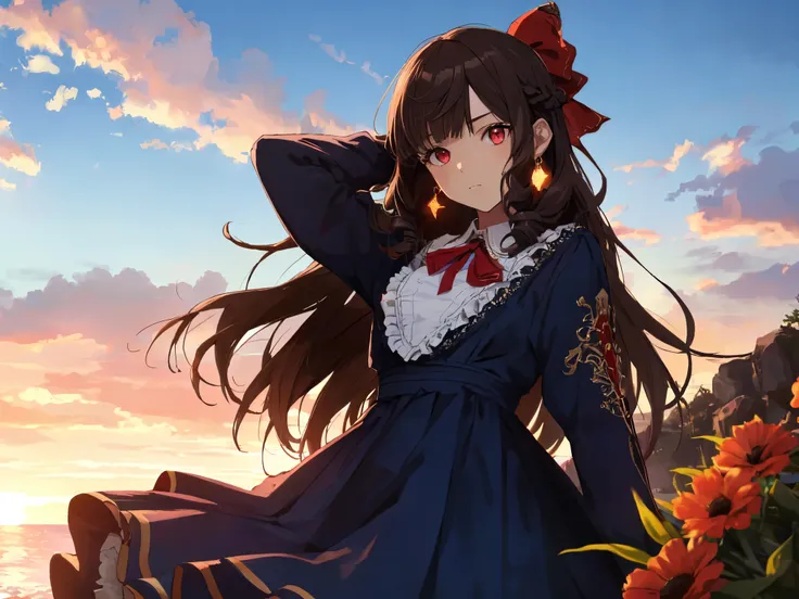 Solo, 1 Girl, (Human Ears, Earrings), (Red Eyes, Body Type, Flat Chest), (Dark Hair, Vertical Rolls, Long Hair, Hair Tie Back With Big Red Ribbon, Flower In Bangs), (Serious Expression), (Laying Face On Air Mattress, Hands On Head, Looking At Camera), (Ru...