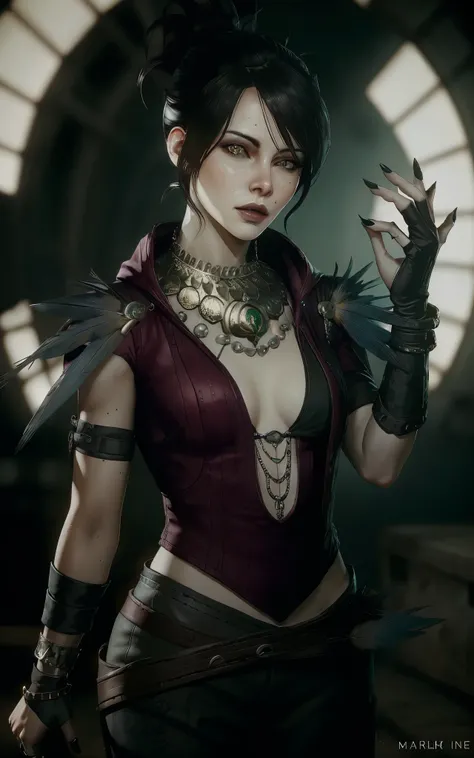 (masterpiece, best quality) realistic version of
MorriganDA, face of (Kate Beckinsale:Evangeline Lilly) 1girl, solo,, looking at viewer, short hair, black hair, gloves, jewelry, yellow eyes, small breasts, fingerless gloves, necklace, hair bun, nail polis...