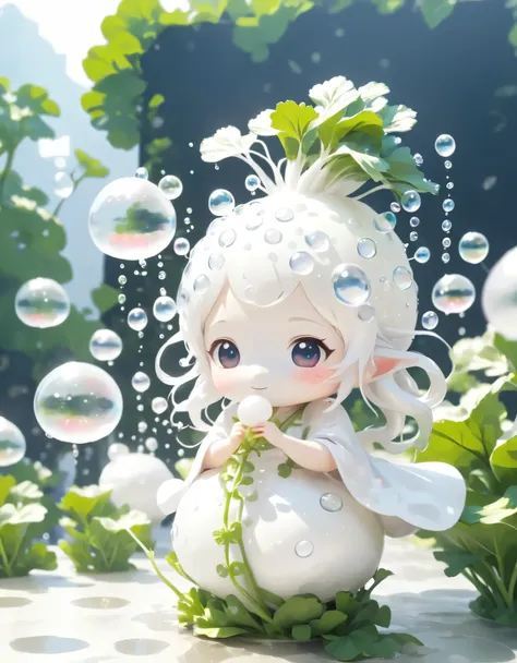 (japanese white chibi radishes made of magical bubbles:1.3), white theme, fantasy world in the background.