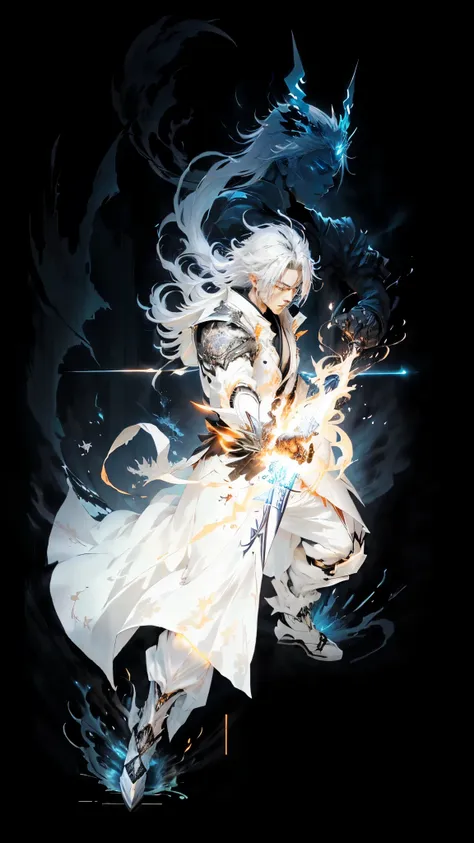 sword in hand、 anime character with fire in the background, , akiyuki shinbou, white-haired goddess, shikanosuke hachigaki, silv...