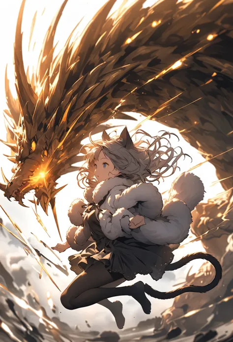 Detailed silhouette of a girl with cat ears and tail. She wears a fluffy fur coat and holds a golden spear shaped like a giant dragon, charged with a fierce blue electric current. Jumping. dynamic angle. Standing on a shiny reflective surface with a minima...