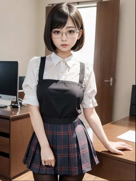 1 person、Alone、20代のMaidがポーズをとって写真を撮る、( standing)、( bob cut )、( black pantyhose)、( half up)、victory、Tsundere、Single Knot、Maid、 blue plaid pleated skirt with ballpoint pen in hand、anger、 smaller、Glasses、 slim girl model photo 、Physical:The  smallerest middle...