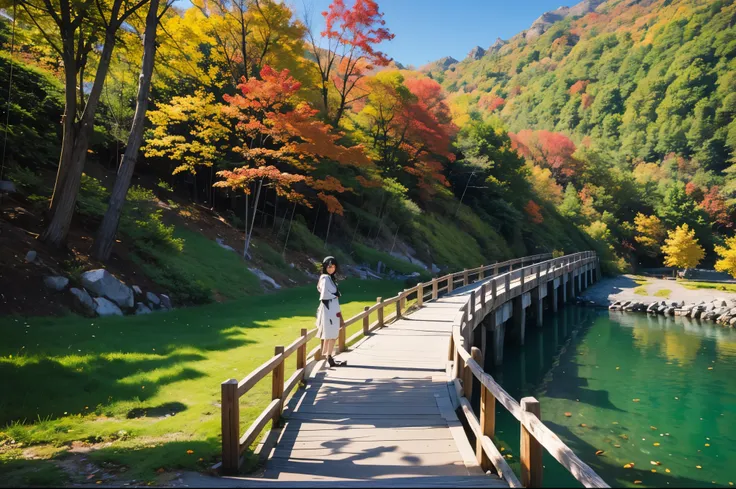  best quality　masterpiece　 Details　 A super cute girl is walking along the fishing edge of the mountain with a smile　There are lots of colorful maples all around 　Photo style　Spectacular views　 imaginary　 fantasy 