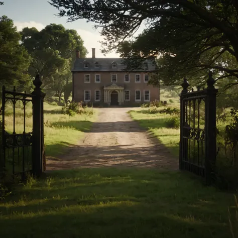 cinematic film still of cinematic film still of  braithwaite manor 1900’s building gate at the end of pathway, trees and pathway...