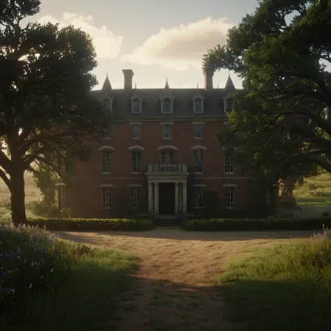 cinematic film still of cinematic film still of  big  manor mansion with balcony 1900’s house  building gate at the end of pathw...