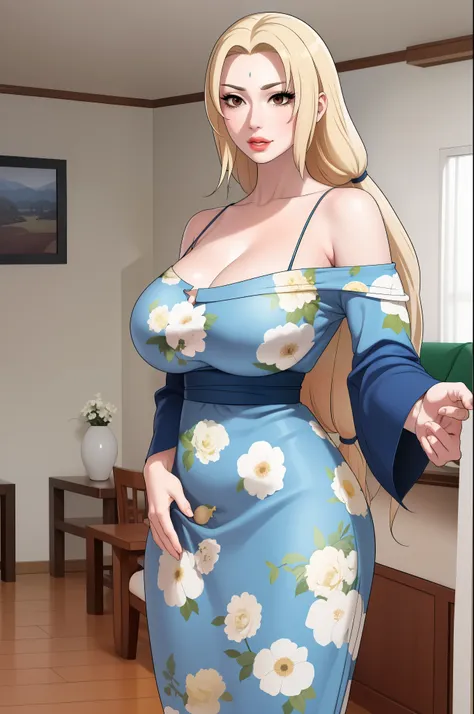 tsunade senju, wearing a long maxi-length blue floral dress with spaghetti straps and v-neckline and over it she also wore a yel...