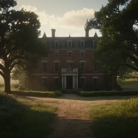 cinematic film still of cinematic film still of  big  manor mansion with balcony 1900’s house  building gate at the end of pathw...