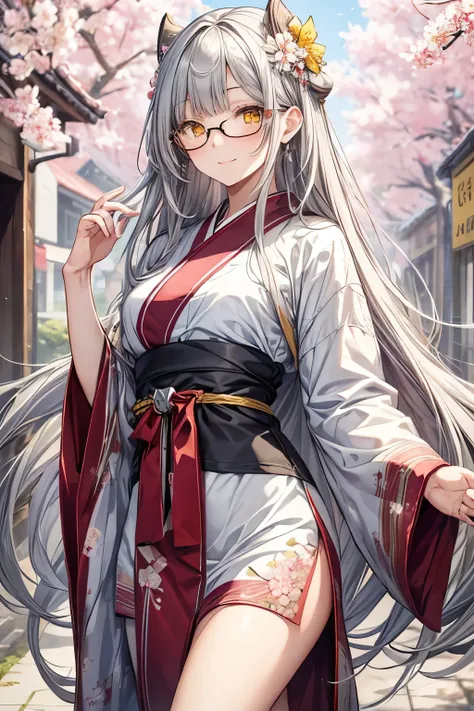  long hair, gray hair, masterpiece, top quality, very beautiful, Absurd, with bangs, glasses, yellow eyes,Yellow Eyes, masterpiece, best quality, Very detailed,Beautiful girl with silver hair looks up at the sky, beautiful detailed eyes ,Beautiful red kimo...