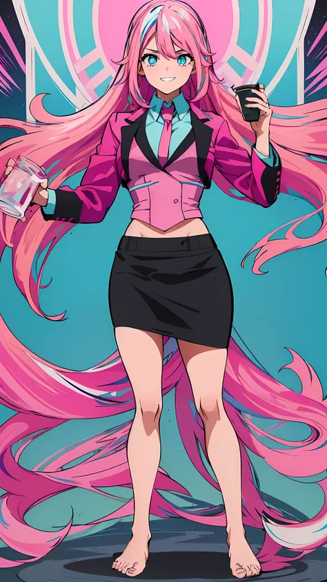 perfect anatomy, (a woman:1.4), with hot pink long hair, (front view:1.1), (full body), (streaked hair with hot pink and turquoise blue:1.5), Slanted Eyes, ( turquoise eyes holding a cup :1.1), ( girl wearing black business suit :1.4), wearing black pencil...