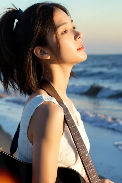 Rear view of a girl holding an electric guitar in a seascape