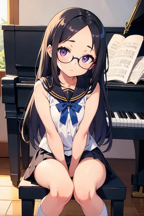  elementary school  toddler on desk flat chest black hair 　Straight long hair with forehead sticking out　Bangs 7：3 splits　（（（（ forehead is sticking out in front of the piano））））　Purple Eyes　Round Glasses（（One person））upper body white sleeveless blouse　 low...