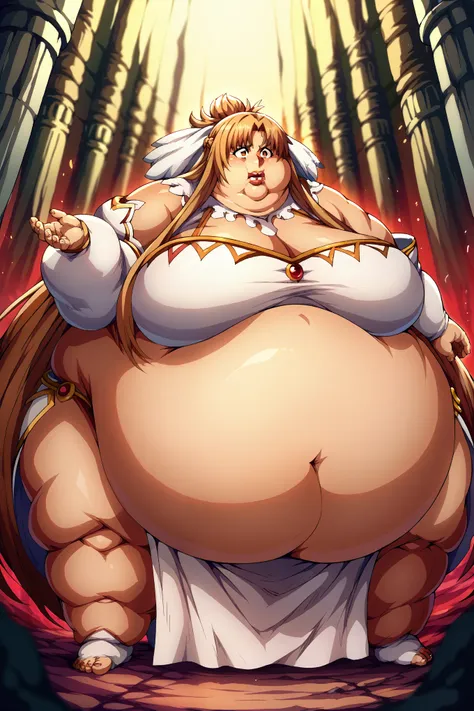 girl becoming a monster, becoming a troll, fat, chubby, obese, fabric clothes, loincloth , asuna yuuki, long hair, bangs, brown ...