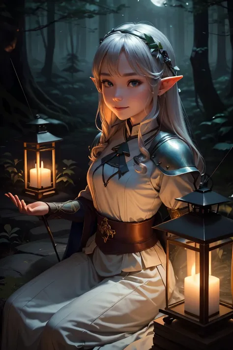  have lanterns 、  look around the forest on a moonlit night 、   elf forest guard   。   and a bow and arrow 、 leather body armor armed with a short sword,   、Shortsword and   、   peaceful forest as always   。 a peaceful forest as always。   gentle smile  。