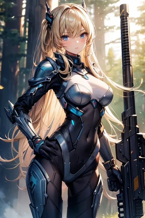 masterpiece, best quality, Very detailed, pretty girl, teenager, smaller breasts, Thin Waist,Mech Armor,Heavy Armor,Heavily armed,Blonde, perfect eyes, so cute,slender,active pose,SF,gun,Dense forest