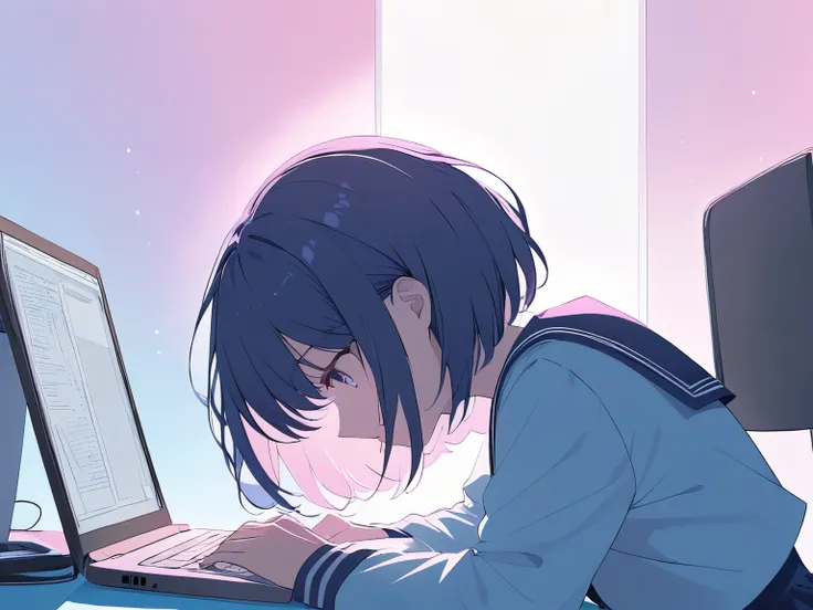 ((Halftone, front lighting, vivid color)),
Writing a manuscript at a desk,
Typing on a laptop,
Female, Sailor uniform, Navy blue socks,
Short hair,
Pale colors, Pastel colors,
Paced by a deadline,
Hesitation,
Needing courage,
Delusions in head coming out