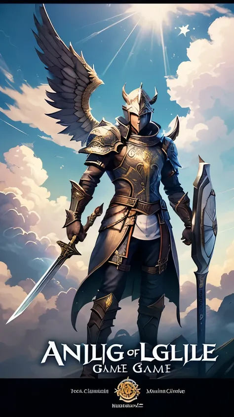 A logo for a MU Online game with an angelic theme. Theres a winged angel holding a sword and a shield. The angel is standing on a cloud. The background is a bright sky with fluffy clouds.