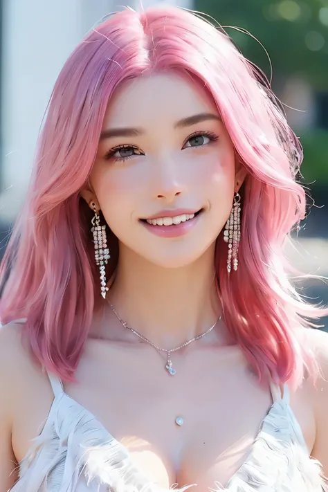 (extra detailed body、extra detailed face、best qualtiy:1.2)、femele、looking at the viewers、(A pink-haired、a smile、Earrings of feathers up to the shoulders、a necklace、near future)、(Oval pink building、art by)