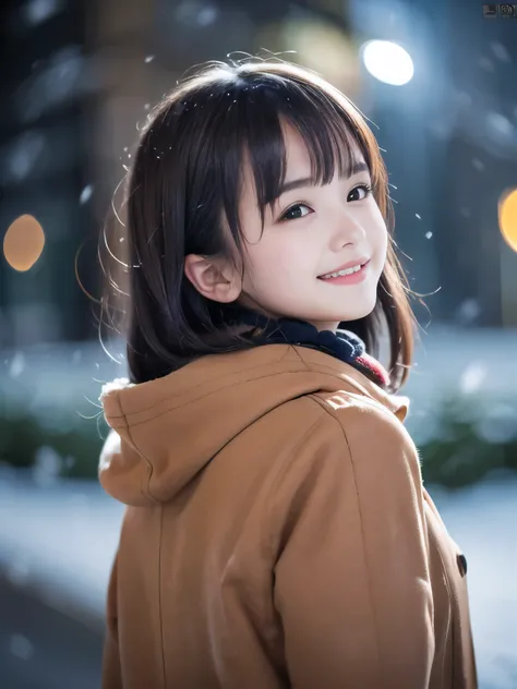 (Close-up face shot of one slender small breasts half up brown long hair with bangs girl in a winter long coat and scarf:1.5)、(One girl is looking back with crying little smile face:1.5)、(Very beautiful Christmas illumination night:1.5)、(Heavy snowing nigh...