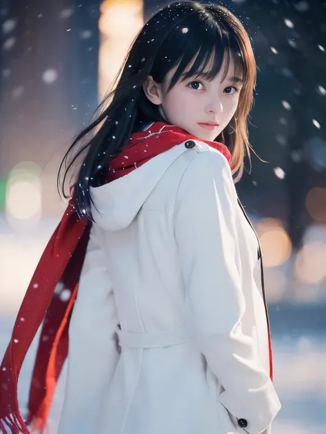 (Close-up face shot of one slender small breasts two side up black medium hair with bangs girl in a winter white long coat and red scarf:1.5)、(One girl is looking back with crying face:1.5)、(Very beautiful Christmas illumination night:1.5)、(Heavy snowing n...