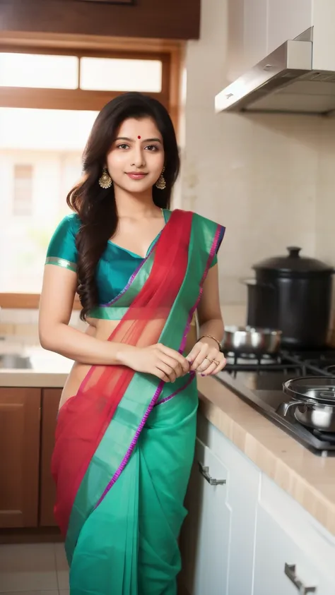 A indian woman in saree in kitchen sime, beautiful 1 side kamar is visible and looking like wowo, High Resolution, 