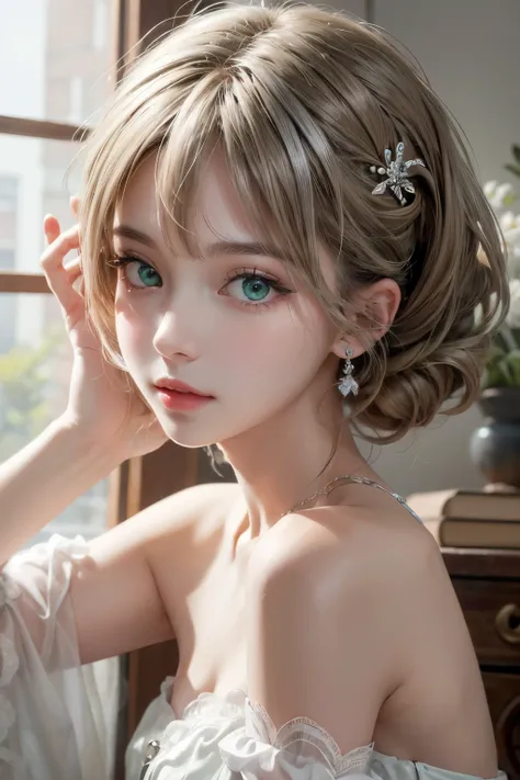 1 girl, solo, cute, looking at viewer, fully body, beautiful body, blush, seductive pose, charming, (silver blonde short wavy hair), (small breast), (green eyes), delicate face, delicate eyes, highly detailed, masterpiece, ultra realistic, best quality, bl...