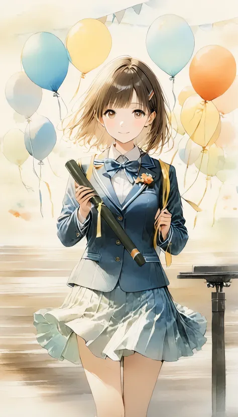 Light color、Watercolor,2.5D,#SDXL、Realistic Single Girl ,((Graduation Ceremony: 1.5)), cute、 navy blue blazer、 Navy Blue Short Ruffle Skirt 、 loafers in white, Diploma、 soft colored artwork 、warm, Antique Color