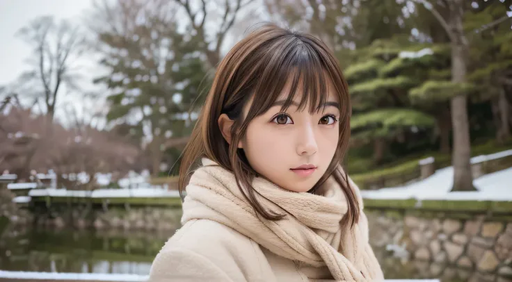 High definition, 4K, photo quality, realistic, soft light source, wide shot, Japanese, one girl, pretty girl, 20 years old, brown eyes, parted bangs, brown hair, medium hair, looking at camera, upper body.
Season: winter. Background: Hirosaki Park, Hirosak...