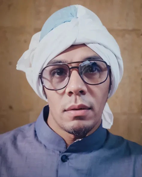 Man with glasses wears white turban and blue muslim shirt 