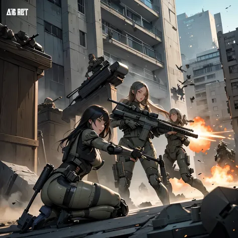 nsfw, very long shot, ANIME SCREENCAP, 16k, perfect anatomy proportion body,  action,  dynamic composition with a sense of speed and dynamism ,  Camouflage Robotic Heavy Armor Full Armor Powered Suit, (Lots of female snipers having a shootout in the backgr...