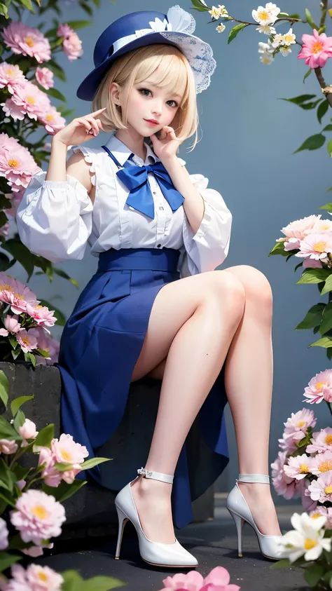 Uekura,  one girl who is at ease,  blonde hair , White background,  has ,  dress, 青いshoes, wing,  simple background, sign, flower, Manicure,  wide sleeve ,  Long Sleeve , , animal, White Flower, Alone, whole body, bird,  Show viewer ,  high heels, Put your...